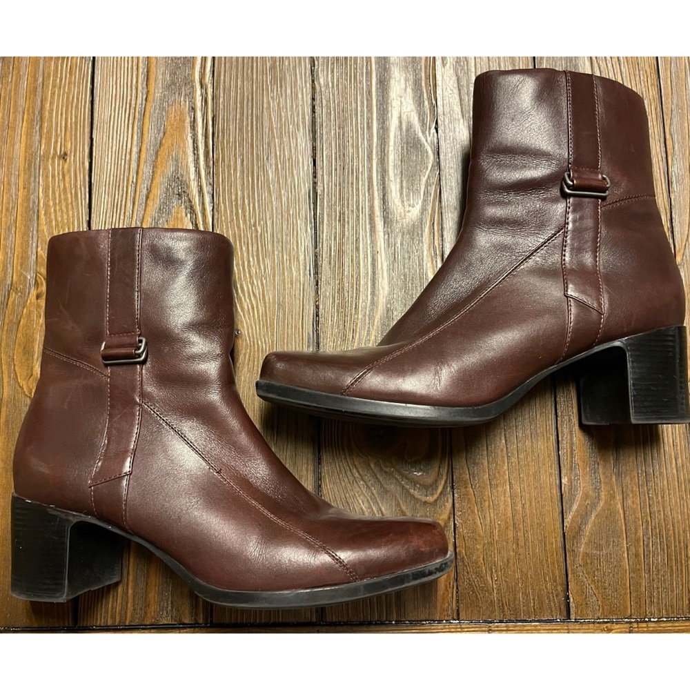 Clarks Brown Leather Block Heeled Booties …
